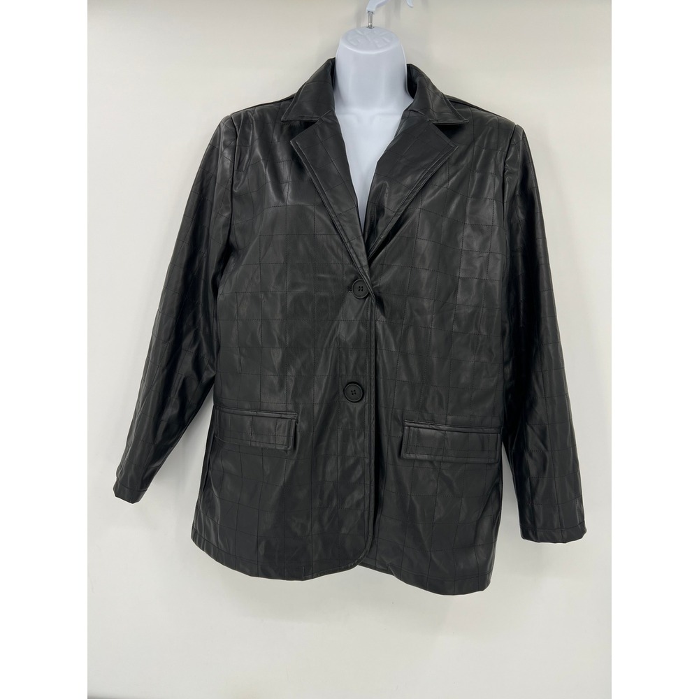 4th & Reckless Women US L Black Quilted Faux Leather Blazer Grid Pattern Jacket